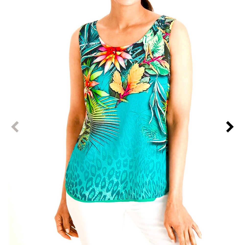 CHICOS TROPICAL-TO-SOLID TANK TOP WOMENS SZ 4/5 REVERSIBLE COLORFUL RAINFOREST